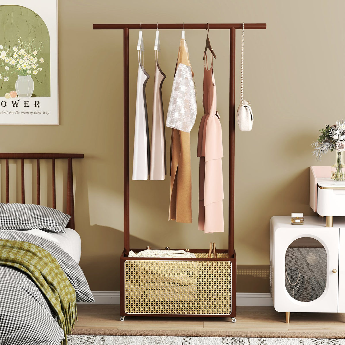 Bamboo Clothes Rack with Rattan Storage Basket and Wheels-Brown view 3