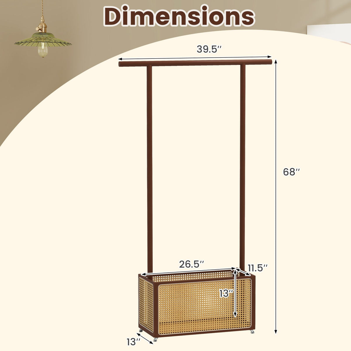 Bamboo Clothes Rack with Rattan Storage Basket and Wheels-Brown view 4
