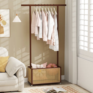 Bamboo Clothes Rack with Rattan Storage Basket and Wheels-Brown view 5