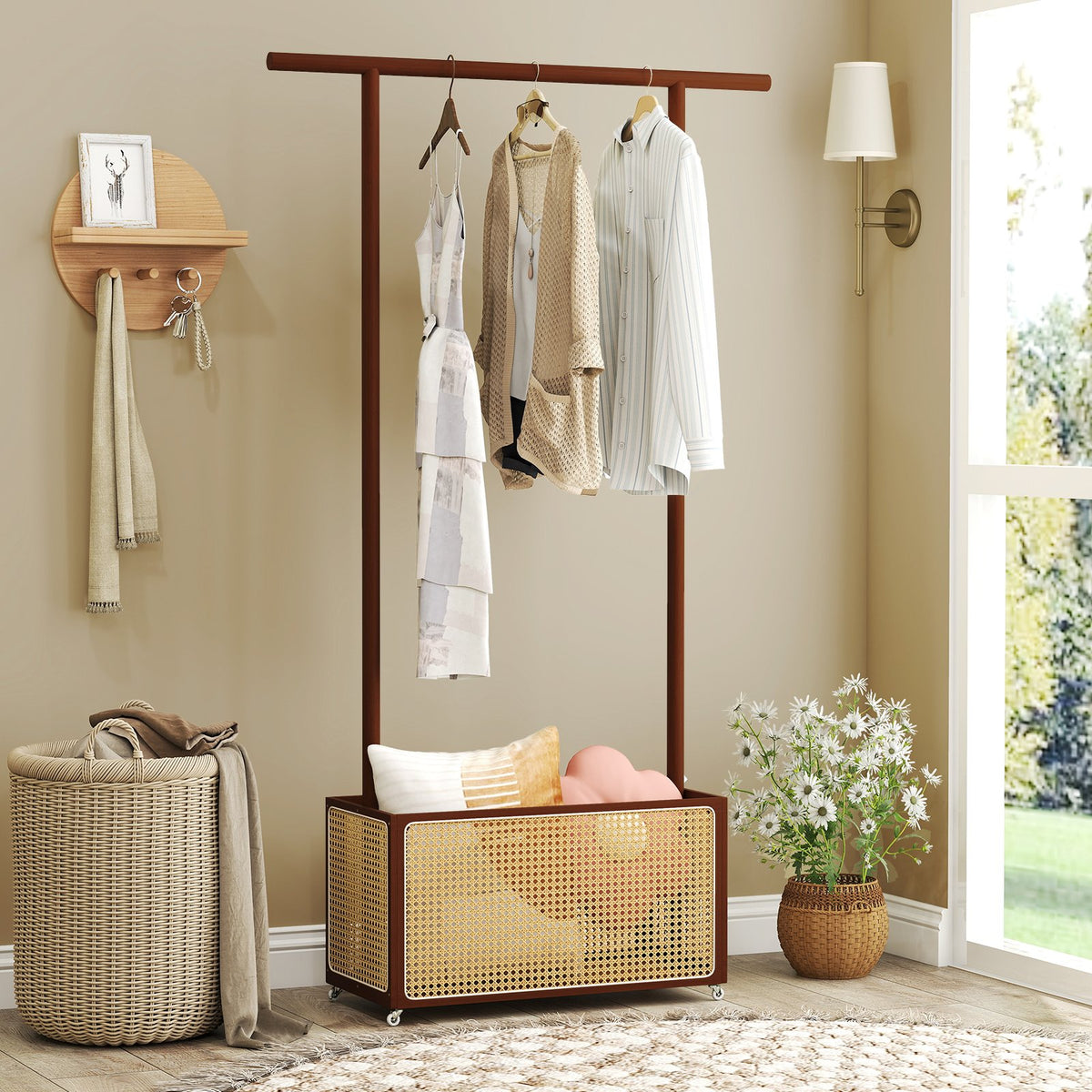 Bamboo Clothes Rack with Rattan Storage Basket and Wheels-Brown view 6
