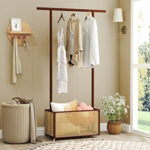 Bamboo Clothes Rack with Rattan Storage Basket and Wheels-Brown view 6