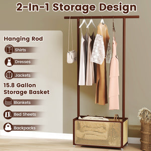 Bamboo Clothes Rack with Rattan Storage Basket and Wheels-Brown view 7