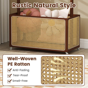 Bamboo Clothes Rack with Rattan Storage Basket and Wheels-Brown view 9