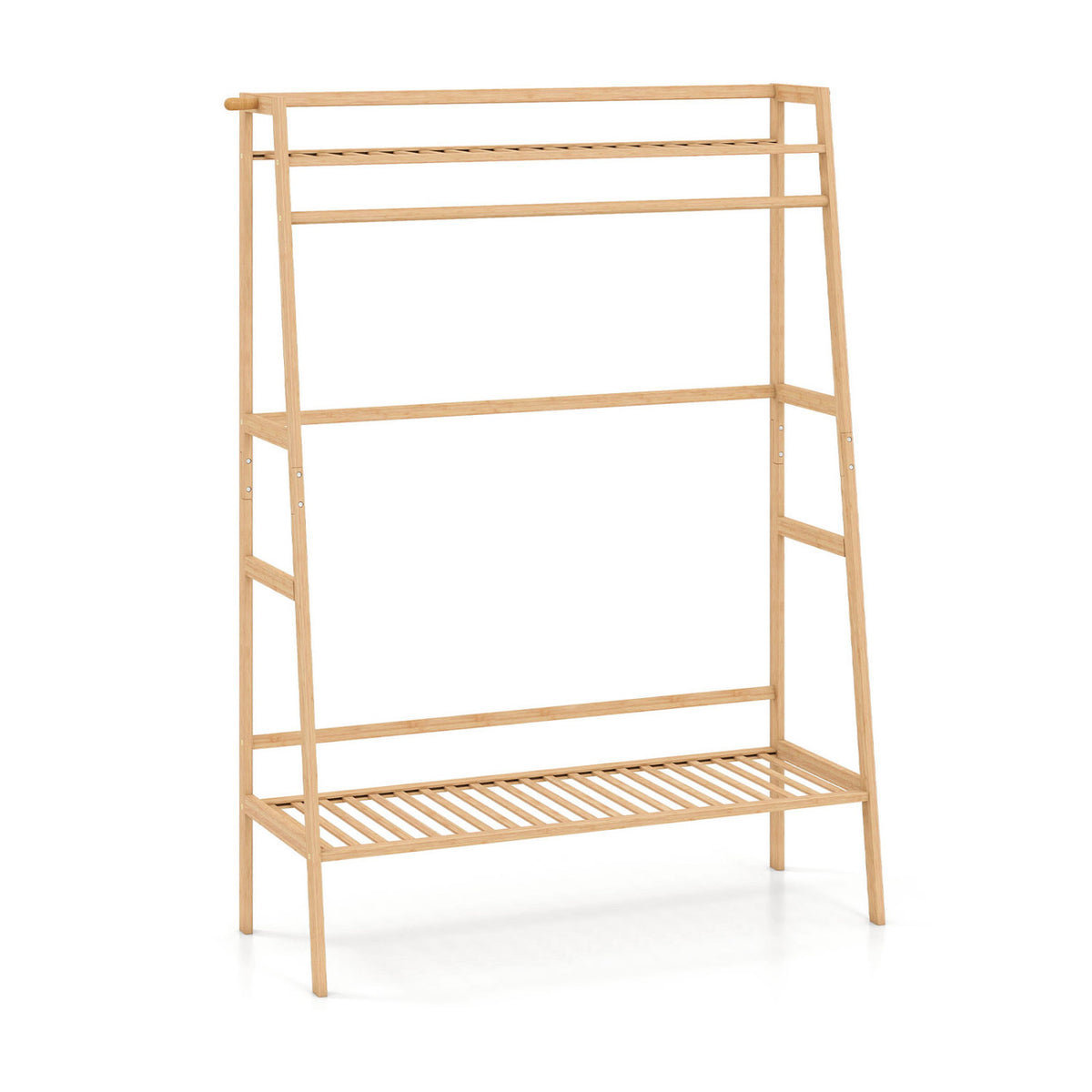 Bamboo Clothing Garment Rack Freestanding Open Wardrobe Organizer with Hanging Rod-Natural view 4
