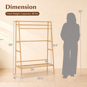Bamboo Clothing Garment Rack Freestanding Open Wardrobe Organizer with Hanging Rod-Natural view 5