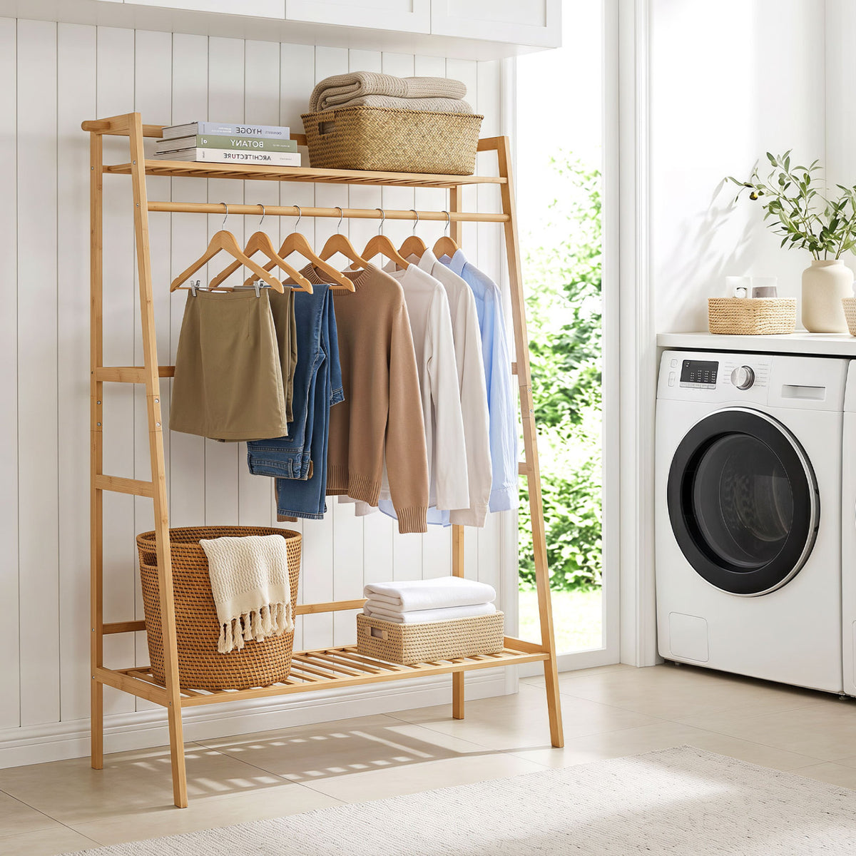 Bamboo Clothing Garment Rack Freestanding Open Wardrobe Organizer with Hanging Rod-Natural view 6