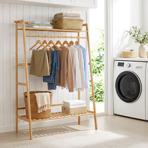 Bamboo Clothing Garment Rack Freestanding Open Wardrobe Organizer with Hanging Rod-Natural view 6