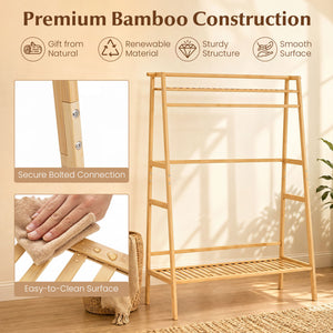 Bamboo Clothing Garment Rack Freestanding Open Wardrobe Organizer with Hanging Rod-Natural view 7