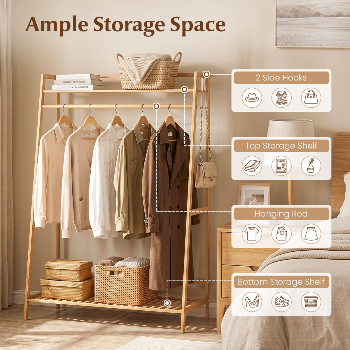 Bamboo Clothing Garment Rack Freestanding Open Wardrobe Organizer with Hanging Rod-Natural view 8
