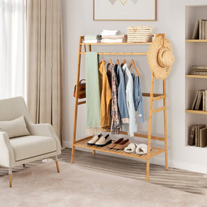 Bamboo Clothing Rack with Storage Shelves-Natural view 2