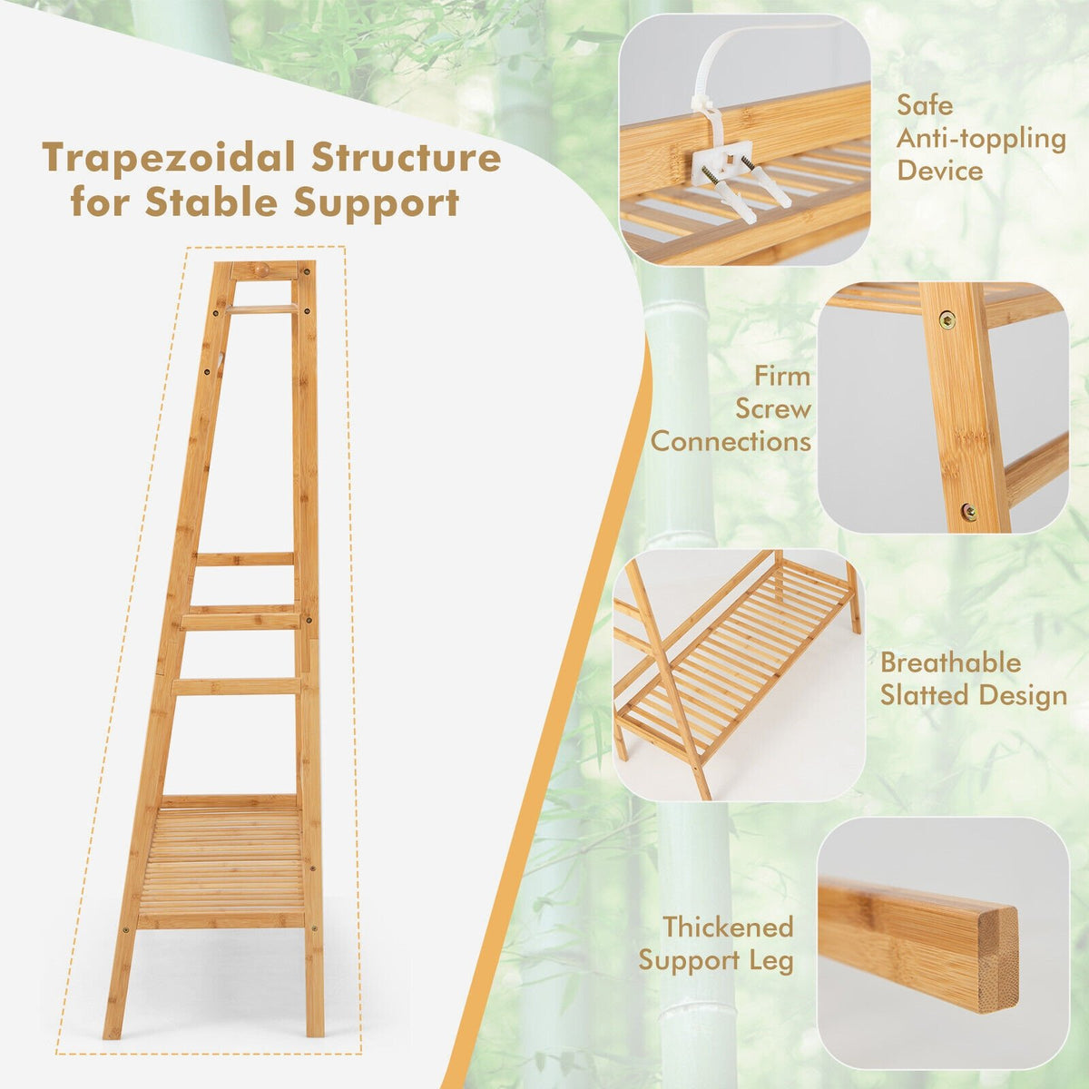 Bamboo Clothing Rack with Storage Shelves-Natural view 5