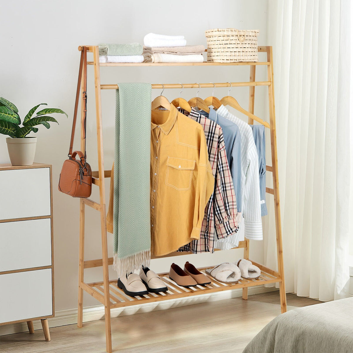 Bamboo Clothing Rack with Storage Shelves-Natural view 6