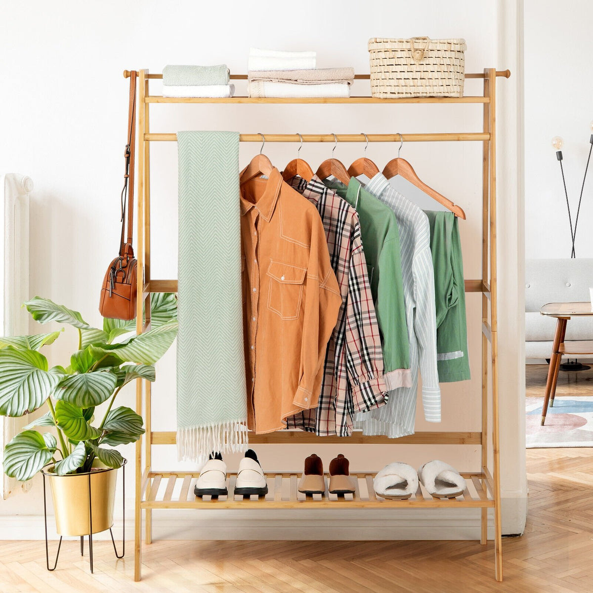 Bamboo Clothing Rack with Storage Shelves-Natural view 7