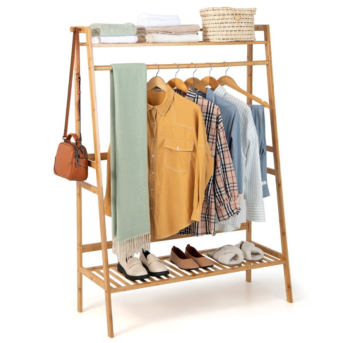 Bamboo Clothing Rack with Storage Shelves-Natural view 8