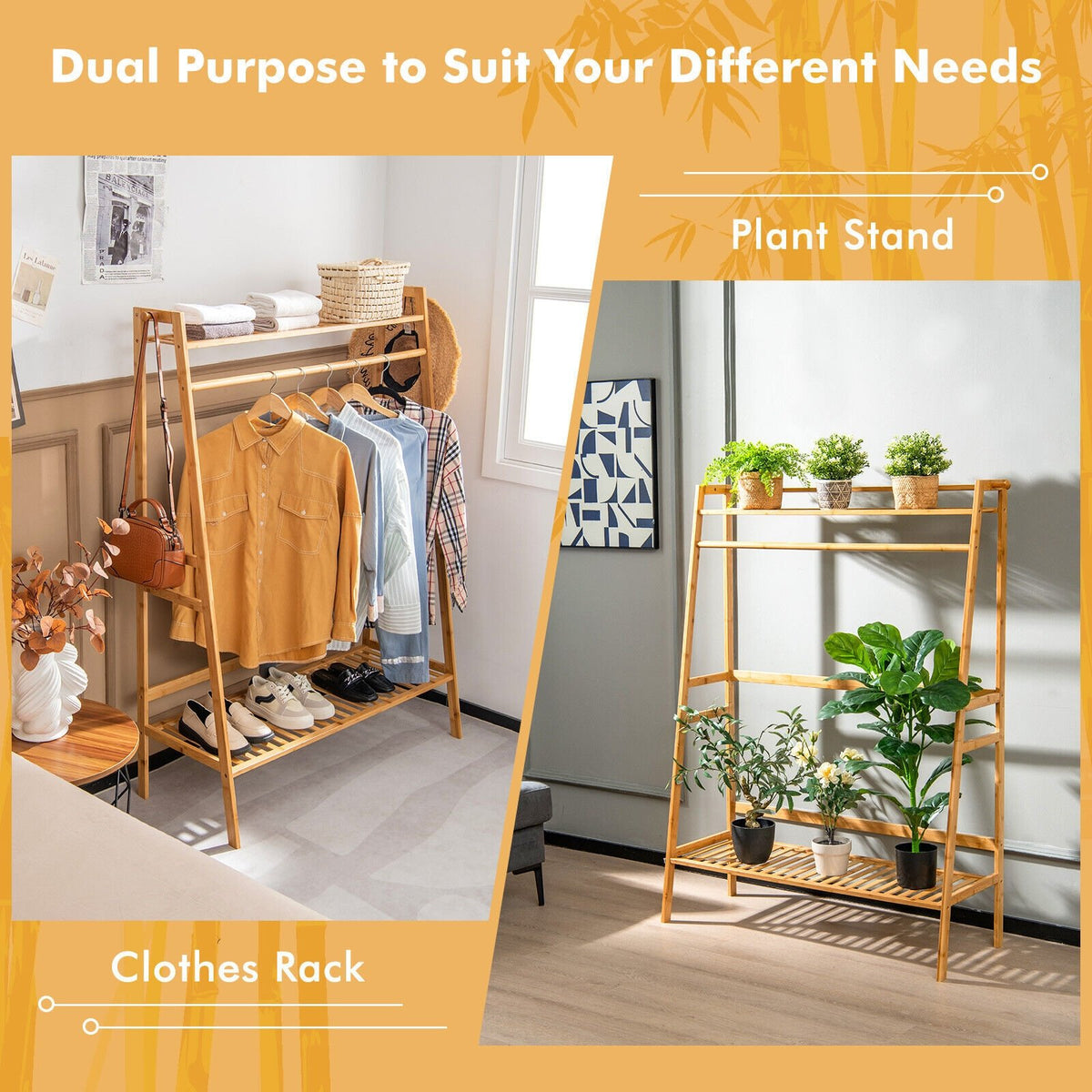 Bamboo Clothing Rack with Storage Shelves-Natural view 9