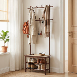 Bamboo Coat Rack PE Rattan Hall Tree with Bench and Shoe Storage 3-In-1 Entryway Bench-Brown view 3