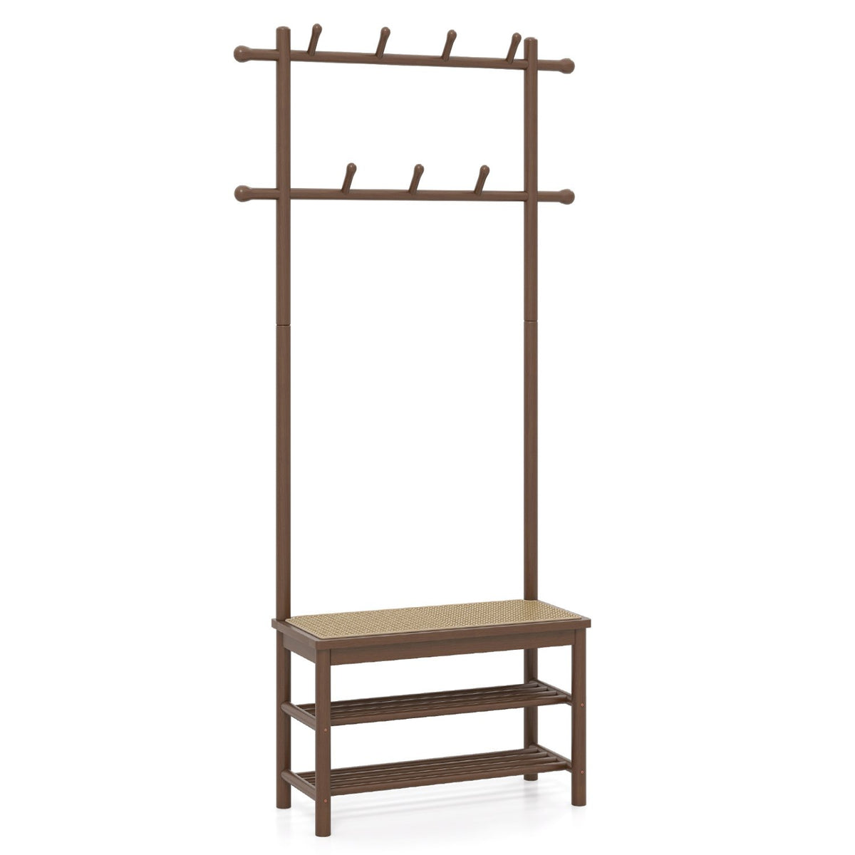 Bamboo Coat Rack PE Rattan Hall Tree with Bench and Shoe Storage 3-In-1 Entryway Bench-Brown view 4