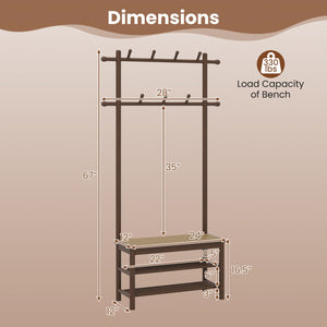 Bamboo Coat Rack PE Rattan Hall Tree with Bench and Shoe Storage 3-In-1 Entryway Bench-Brown view 5