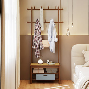 Bamboo Coat Rack PE Rattan Hall Tree with Bench and Shoe Storage 3-In-1 Entryway Bench-Brown view 6
