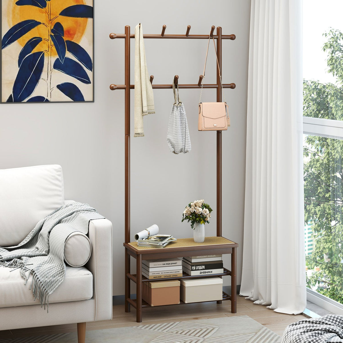 Bamboo Coat Rack PE Rattan Hall Tree with Bench and Shoe Storage 3-In-1 Entryway Bench-Brown view 7