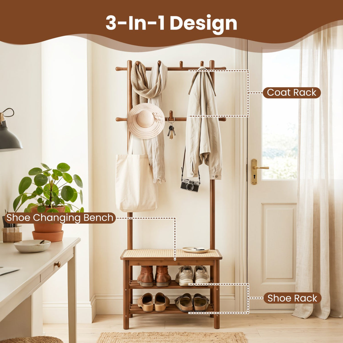 Bamboo Coat Rack PE Rattan Hall Tree with Bench and Shoe Storage 3-In-1 Entryway Bench-Brown view 8