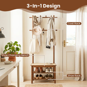 Bamboo Coat Rack PE Rattan Hall Tree with Bench and Shoe Storage 3-In-1 Entryway Bench-Brown view 8
