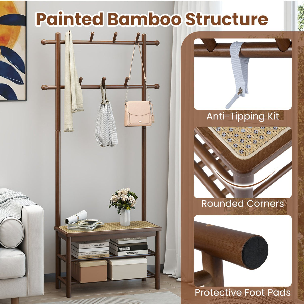 Bamboo Coat Rack PE Rattan Hall Tree with Bench and Shoe Storage 3-In-1 Entryway Bench-Brown view 9