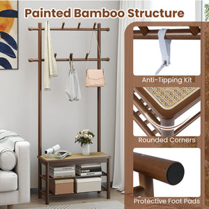 Bamboo Coat Rack PE Rattan Hall Tree with Bench and Shoe Storage 3-In-1 Entryway Bench-Brown view 9