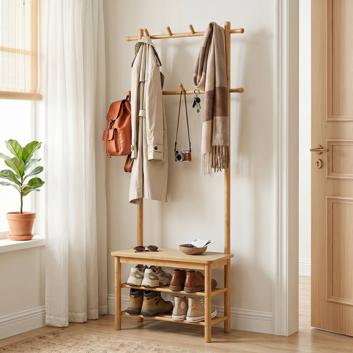 Bamboo Coat Rack PE Rattan Hall Tree with Bench and Shoe Storage 3-In-1 Entryway Bench-Natural view 3