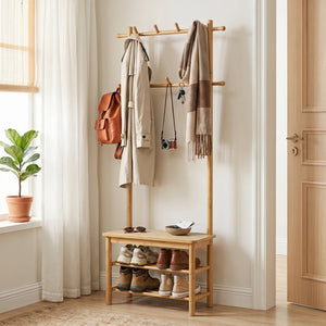Bamboo Coat Rack PE Rattan Hall Tree with Bench and Shoe Storage 3-In-1 Entryway Bench-Natural view 3