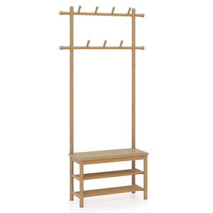 Bamboo Coat Rack PE Rattan Hall Tree with Bench and Shoe Storage 3-In-1 Entryway Bench-Natural view 4