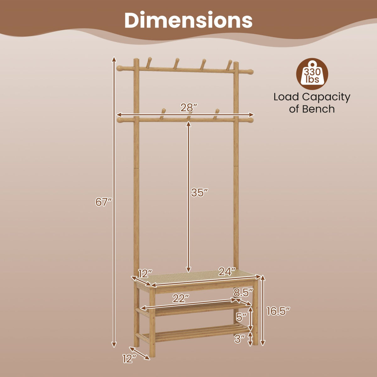 Bamboo Coat Rack PE Rattan Hall Tree with Bench and Shoe Storage 3-In-1 Entryway Bench-Natural view 5