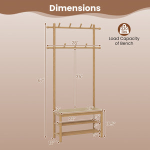 Bamboo Coat Rack PE Rattan Hall Tree with Bench and Shoe Storage 3-In-1 Entryway Bench-Natural view 5