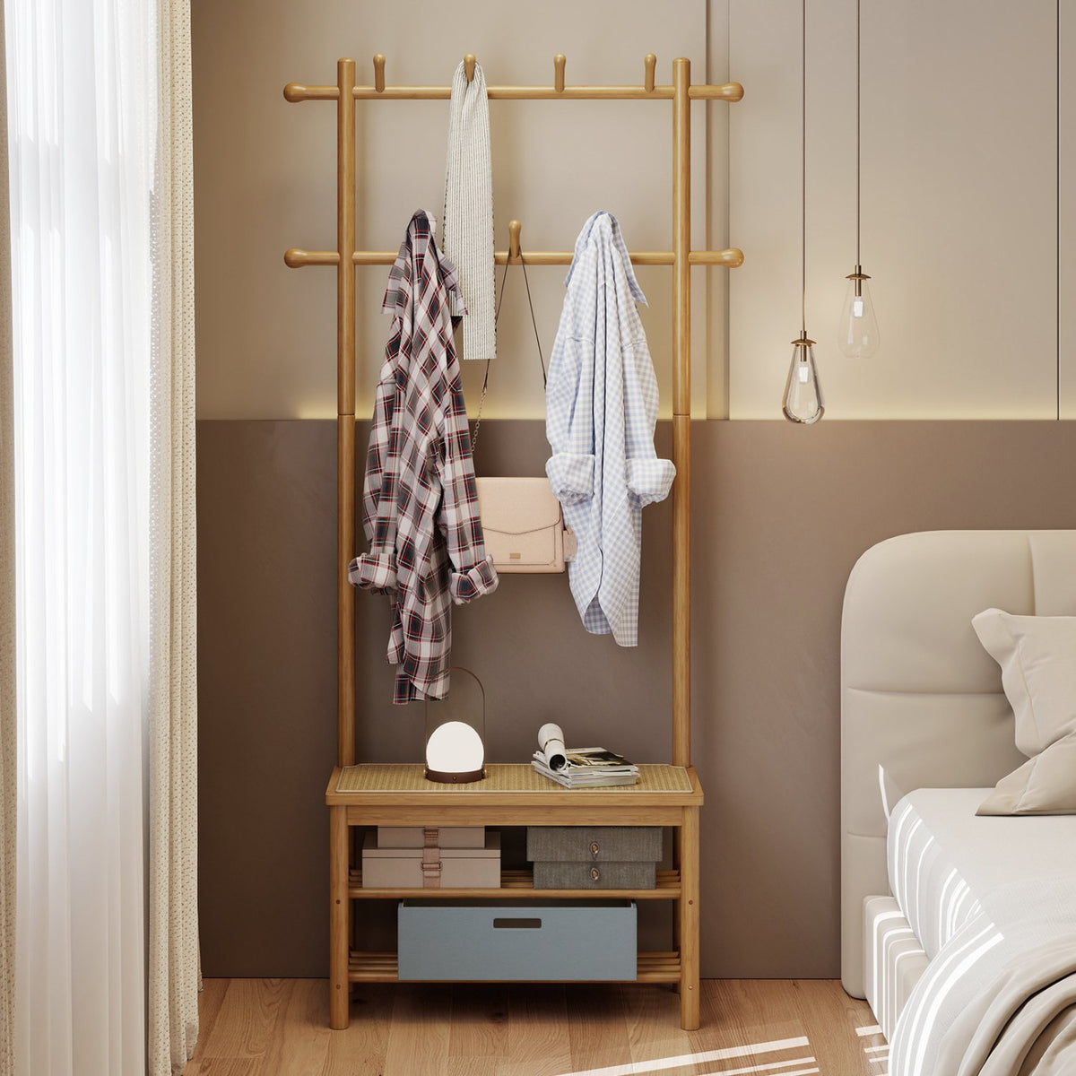Bamboo Coat Rack PE Rattan Hall Tree with Bench and Shoe Storage 3-In-1 Entryway Bench-Natural view 6
