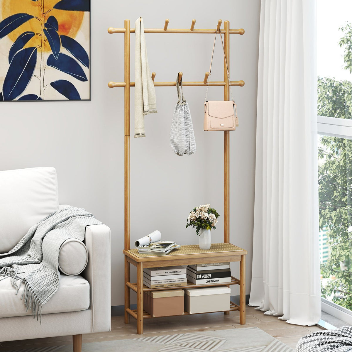 Bamboo Coat Rack PE Rattan Hall Tree with Bench and Shoe Storage 3-In-1 Entryway Bench-Natural view 7