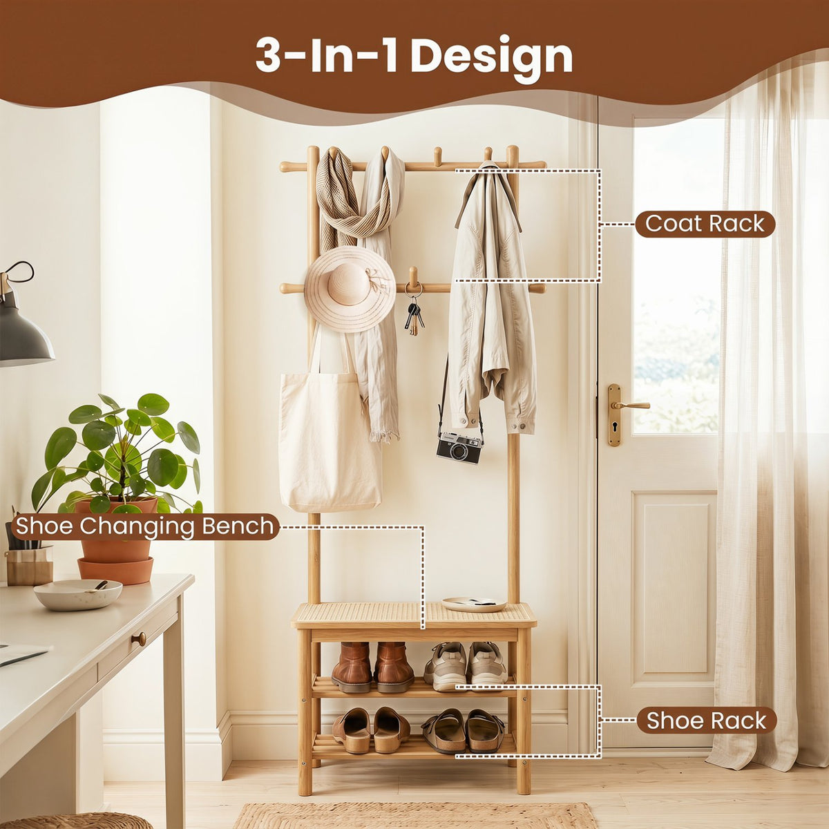 Bamboo Coat Rack PE Rattan Hall Tree with Bench and Shoe Storage 3-In-1 Entryway Bench-Natural view 8