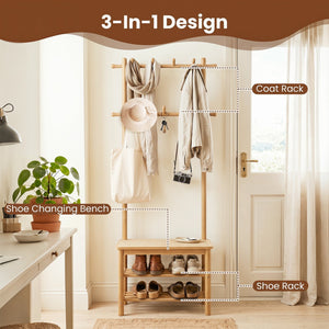 Bamboo Coat Rack PE Rattan Hall Tree with Bench and Shoe Storage 3-In-1 Entryway Bench-Natural view 8