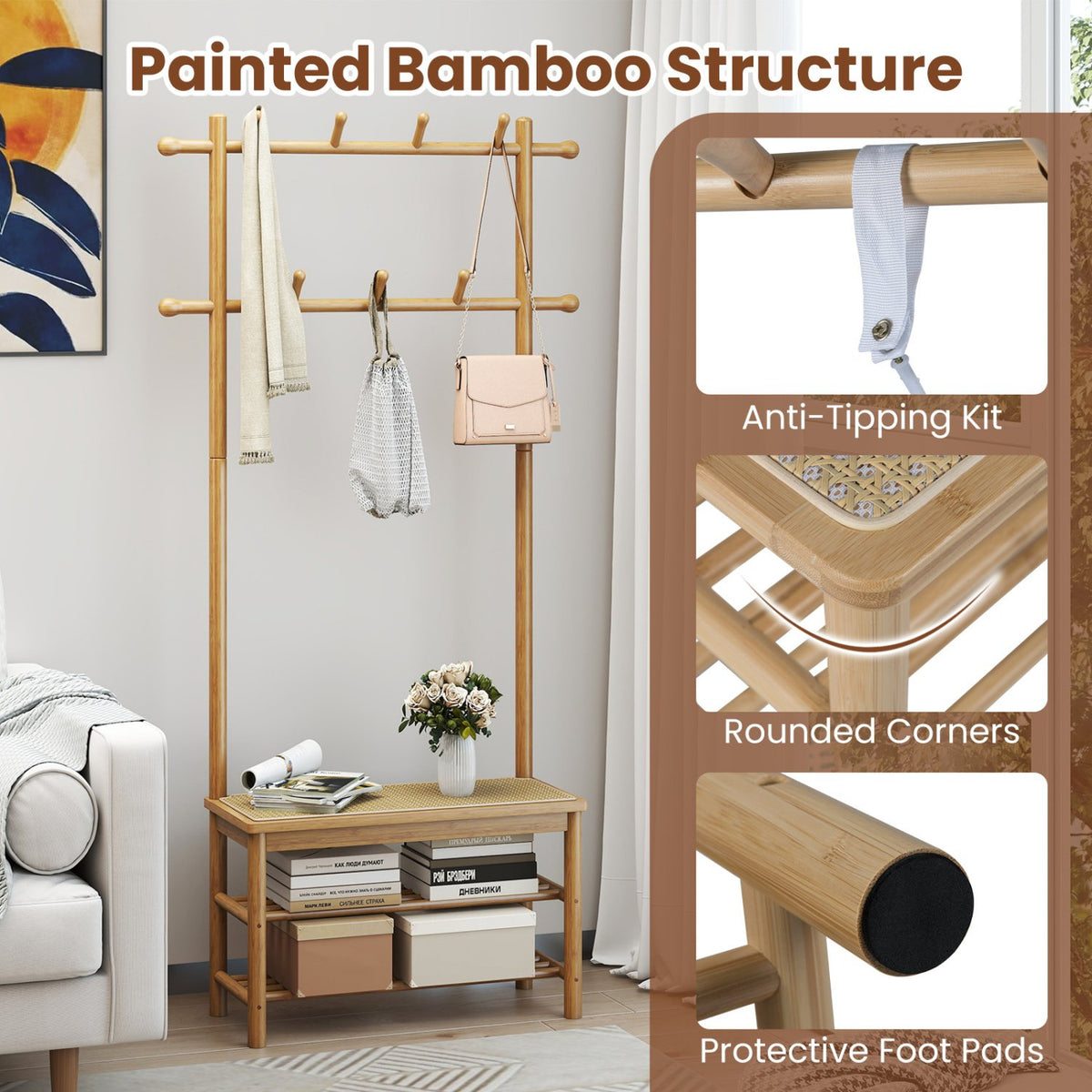 Bamboo Coat Rack PE Rattan Hall Tree with Bench and Shoe Storage 3-In-1 Entryway Bench-Natural view 9