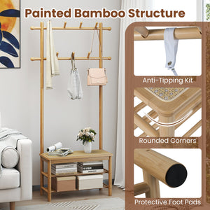 Bamboo Coat Rack PE Rattan Hall Tree with Bench and Shoe Storage 3-In-1 Entryway Bench-Natural view 9