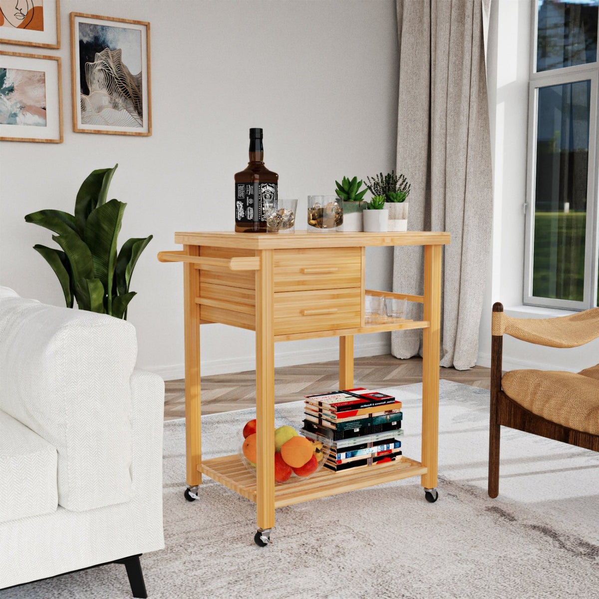 Bamboo Kitchen Trolley Cart with Tower Rack and Drawers view 2