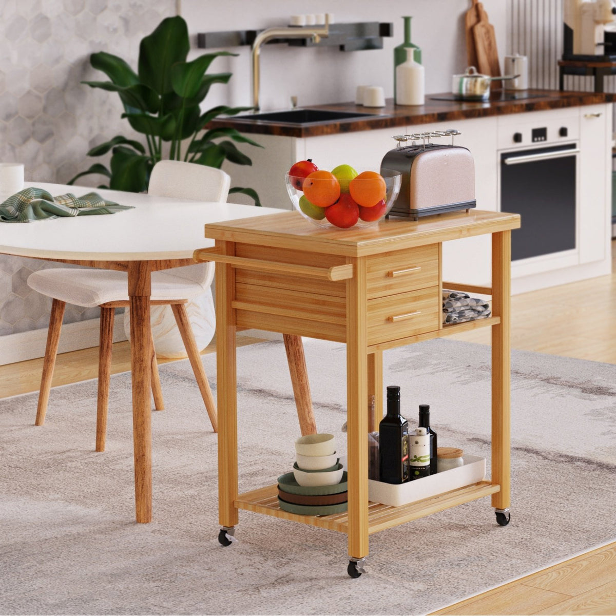 Bamboo Kitchen Trolley Cart with Tower Rack and Drawers view 7