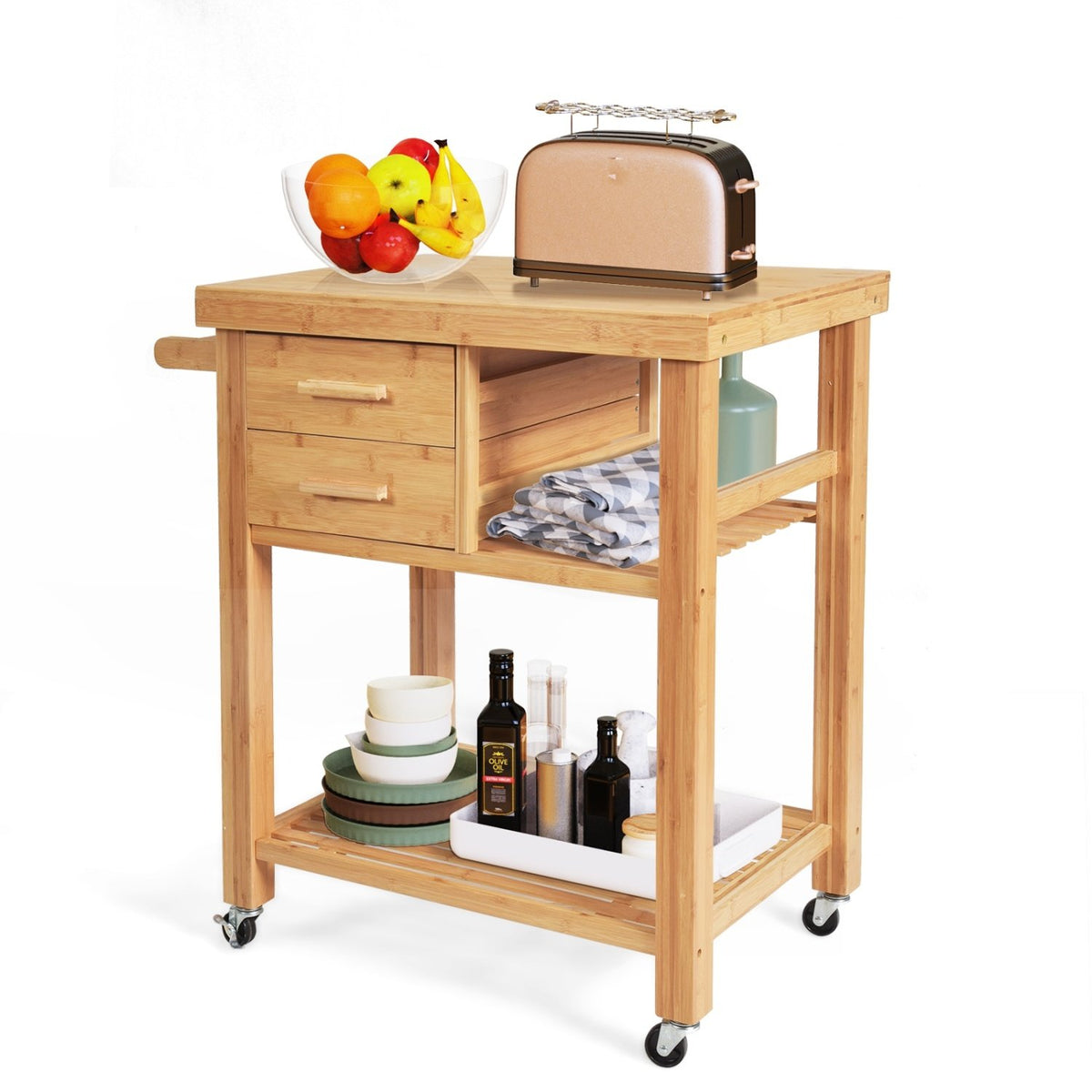 Bamboo Kitchen Trolley Cart with Tower Rack and Drawers view 8