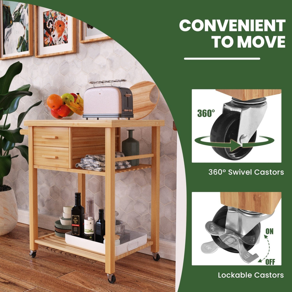 Bamboo Kitchen Trolley Cart with Tower Rack and Drawers view 9