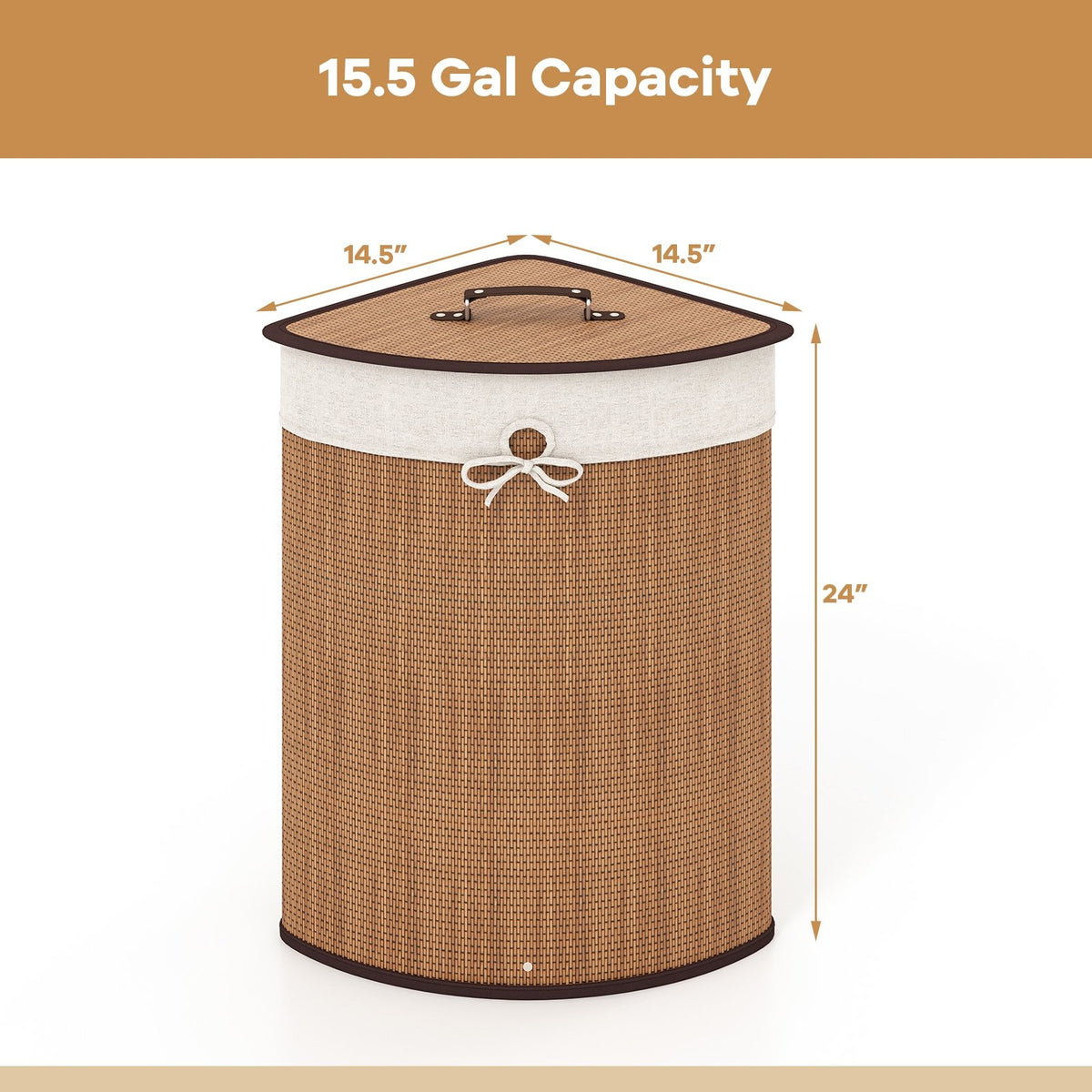 Bamboo Laundry Hamper Basket with Lid and Removable Liner Bag-Yellow view 4