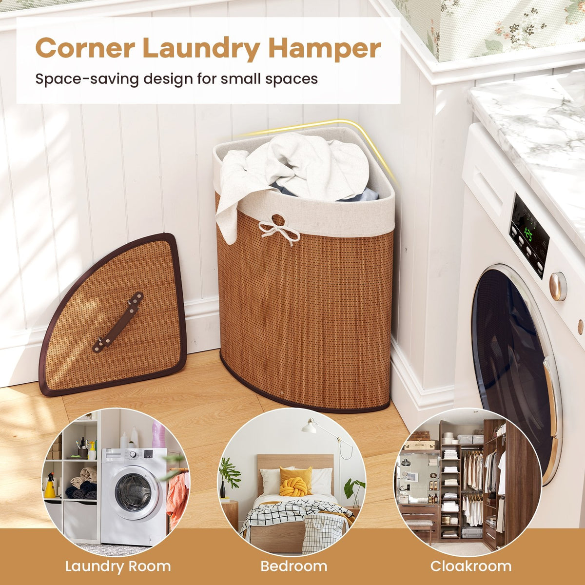 Bamboo Laundry Hamper Basket with Lid and Removable Liner Bag-Yellow view 9