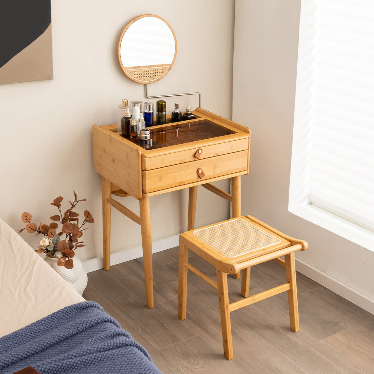 Bamboo Makeup Vanity Table with Mirror with 2 Storage Drawers-Natural view 3