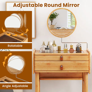 Bamboo Makeup Vanity Table with Mirror with 2 Storage Drawers-Natural view 6