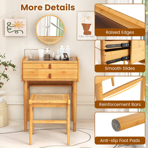 Bamboo Makeup Vanity Table with Mirror with 2 Storage Drawers-Natural view 8