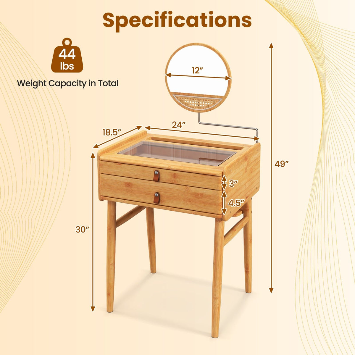 Bamboo Makeup Vanity Table with Stool and Rotating Mirror view 4