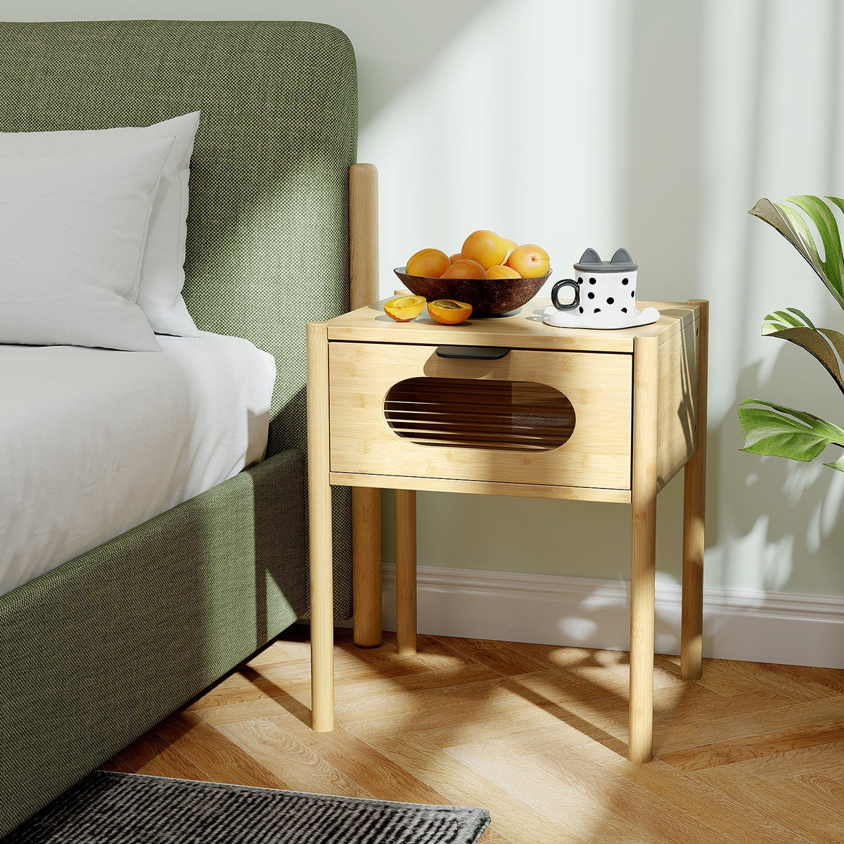 Bamboo Nightstand Square Tall End Table with Decorated Drawer-Natural view 3